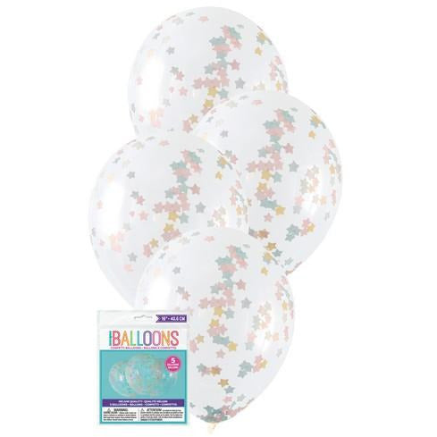 5 x 40.6cm (16) Clear Balloons Prefilled With Pink, Blue & Gold Star Confetti