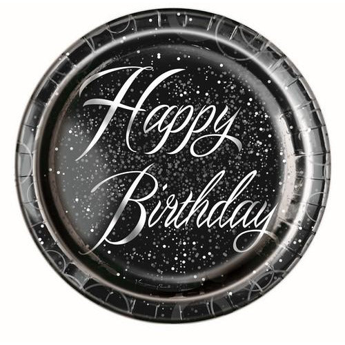 Glitz Silver Happy Birthday 8 x 23cm Foil Stamped Paper Plates Default Title