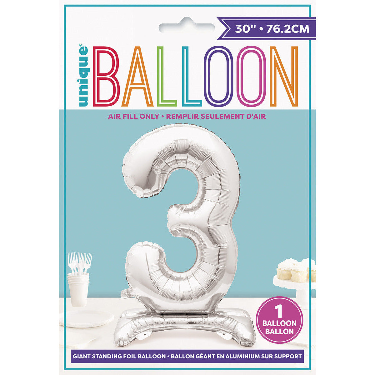 Number 3 Silver Foil Standing Balloon - Dollars and Sense