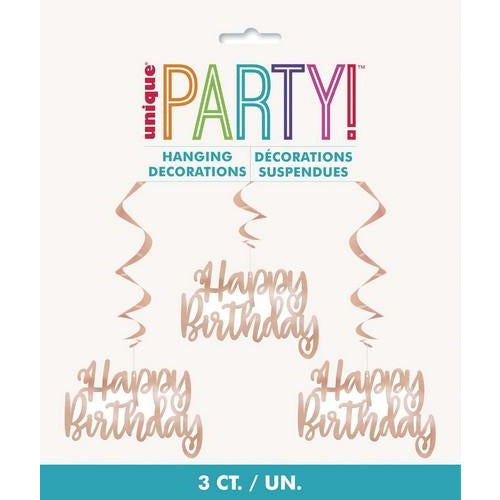 Happy Birthday 3 Foil Hanging Swirl Decorations 81cm L Rose Gold Default Title