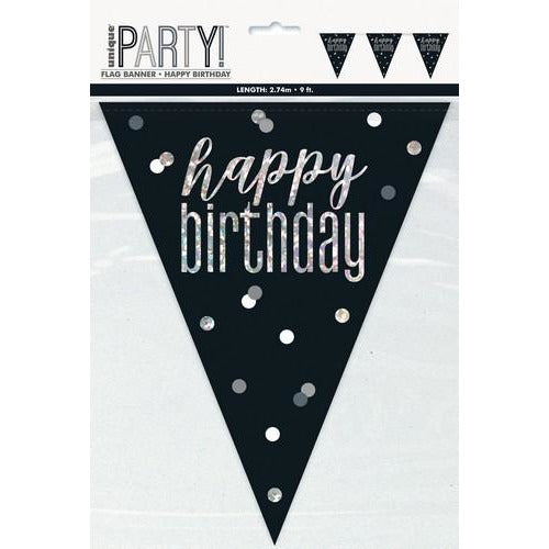 Black And Silver Prismatic Foil Flag Banner - Happy Birthday 2.74m (9)
