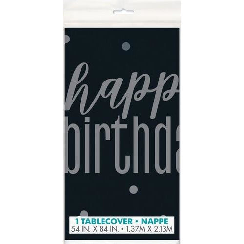Black And Silver Happy Birthday Printed Tablecover 137cm x 213cm (54 X 84)