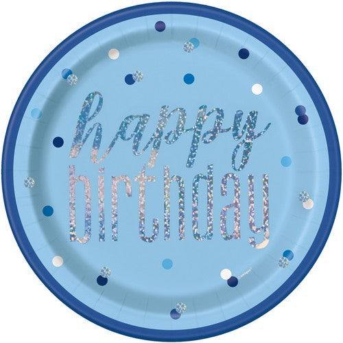 Blue Happy Birthday 8 x 23cm (9) Prismatic Paper Plates