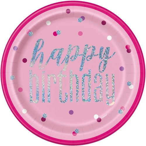 Pink Happy Birthday 8 x 23cm (9) Prismatic Paper Plates
