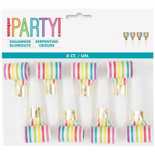 6 Rainbow Stripe Squawker Blowouts