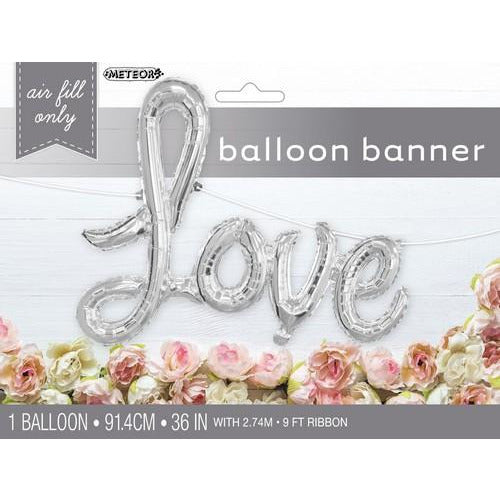 Love Silver 91.4cm x 60cm Foil Balloon Banner With Ribbon 2.74m Default Title