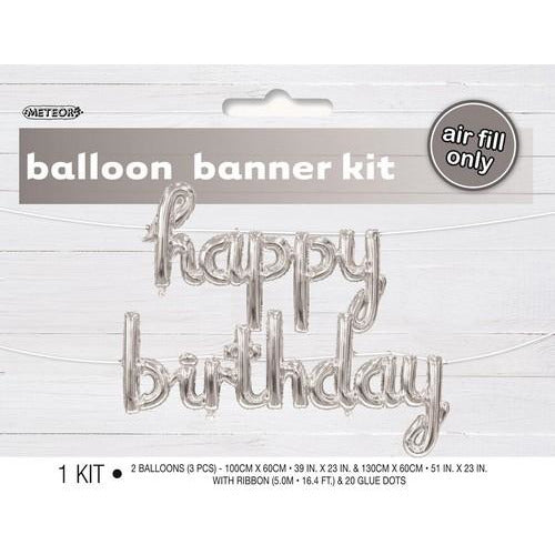 Happy Birthday Silver 100cm x 60cm and130cm x 60cm Balloon Banner With Ribbon Default Title