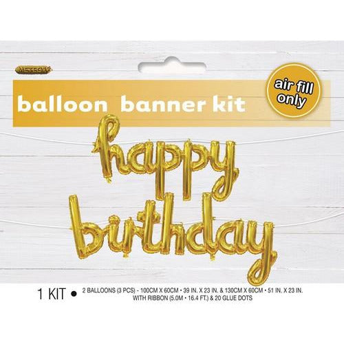 Happy Birthday Gold 100cm x 60cm and 130cm x 60cm Balloon Banner With Ribbon Default Title