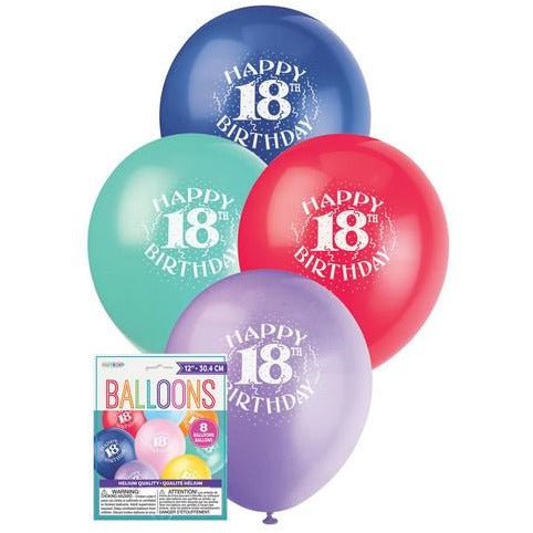 Happy 18th Birthday 8 x 30cm Balloons Assorted Colours Default Title