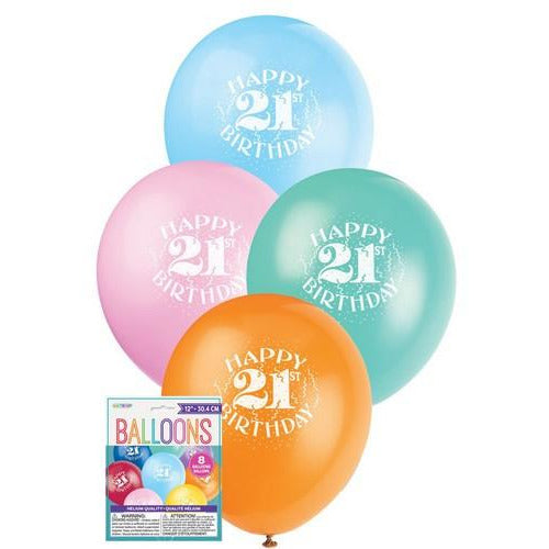 Happy 21st Birthday 8 x 30cm Balloons Assorted Colours Default Title