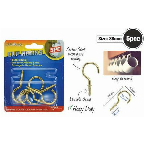 Brass Cup Hooks - 38mm 5 Piece Set - Dollars and Sense