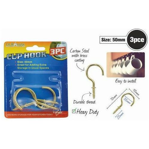 Brass Cup Hooks - 50mm 3 Piece Set - Dollars and Sense