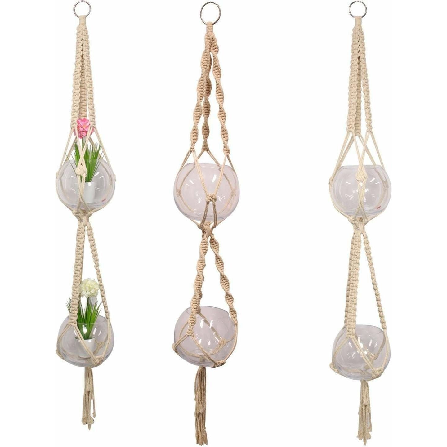 Hanging Double Macrame Pot Holder Incl Glass Bowls - 1pce Assorted 140cm - Dollars and Sense