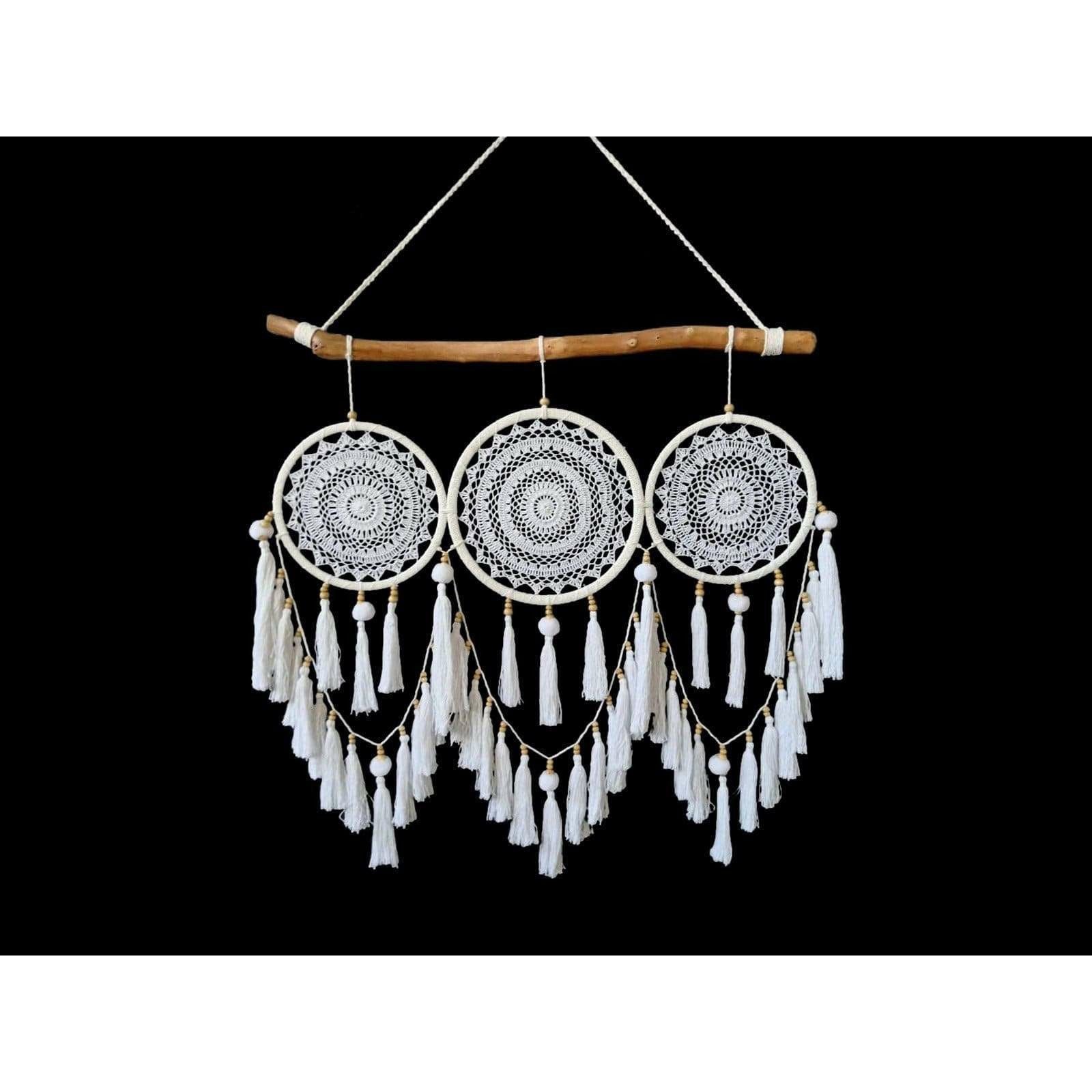 White Boho Driftwood Triple Macrame Dream Catcher - 85cm - Dollars and Sense