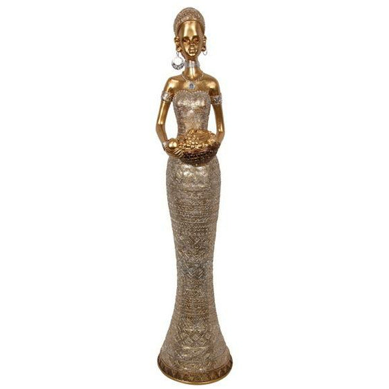 Gold Glitter Standing African Lady Carrying Fruit - 52cm Default Title