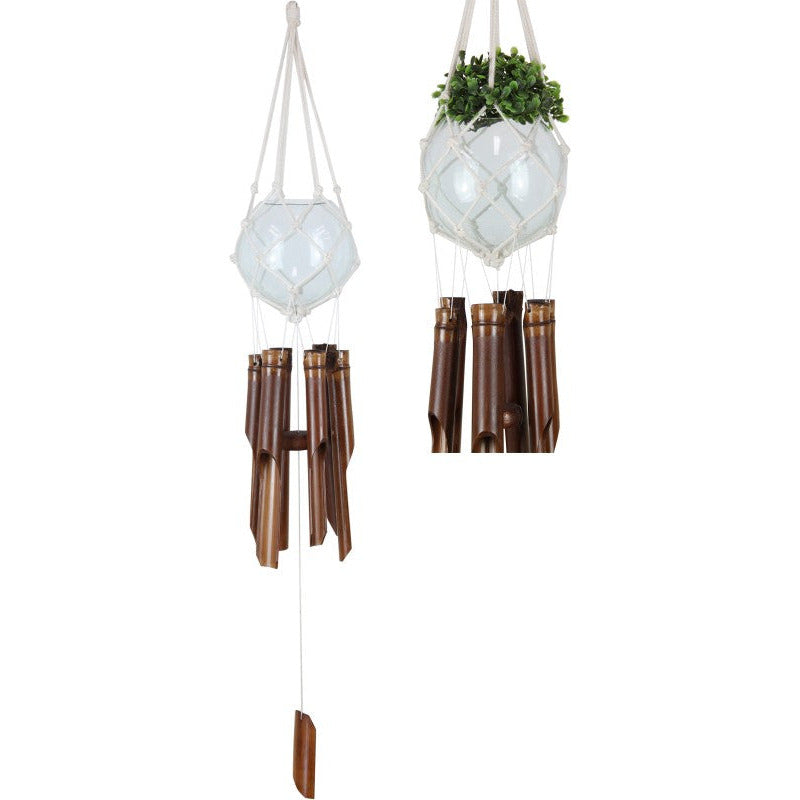 6 Tube Bamboo Wind Chime with Macrame Glass Planter Bowl - Dollars and Sense