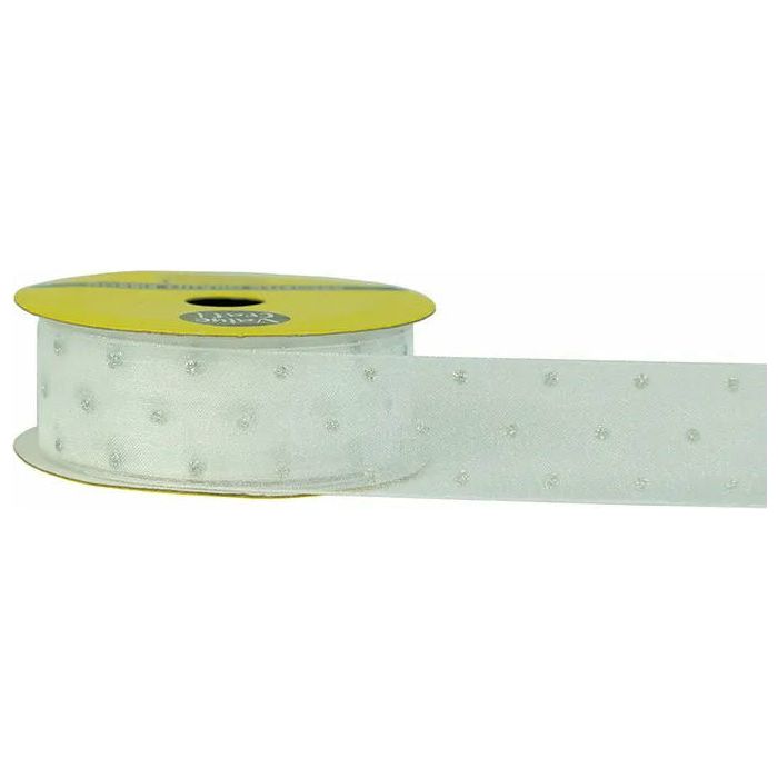 Sheer Ribbon White with Silver Irid Dots - 24mmx3m - Dollars and Sense