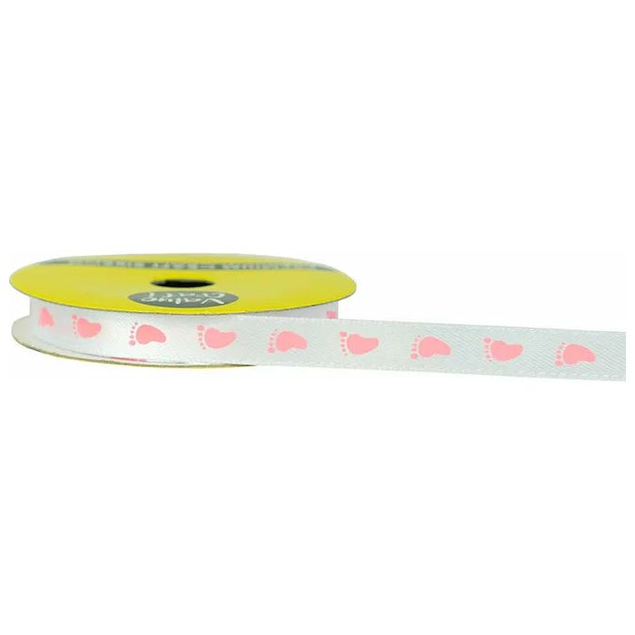 Woven Satin White Ribbon with Pink Footprints - 10mmx3m - Dollars and Sense