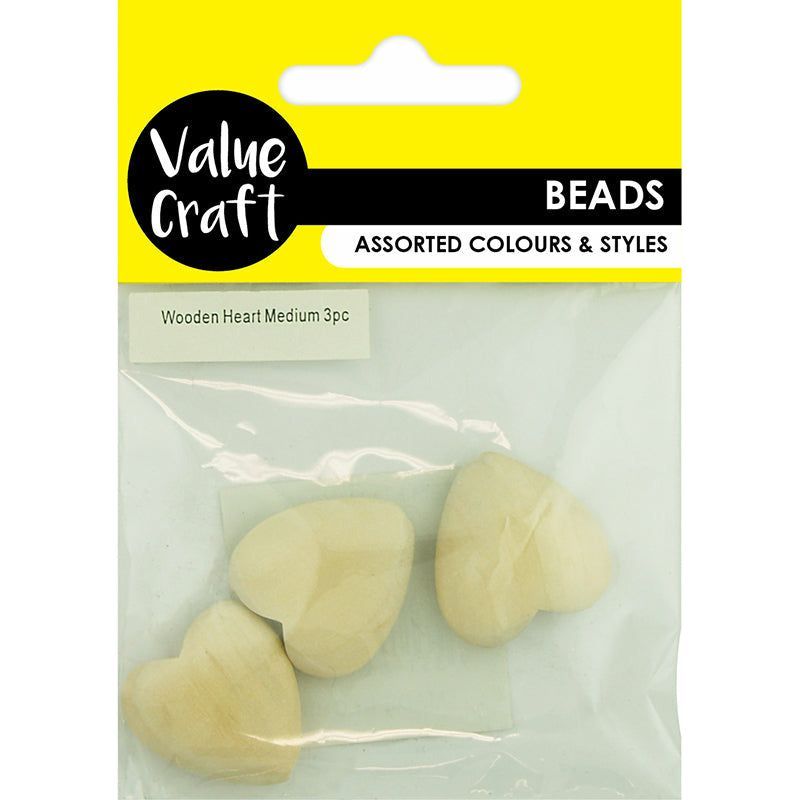 Beads Wooden MDF Hearts Medium Natural - 3 Piece - Dollars and Sense