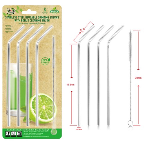 Stainless Steel Reusable Drinking Straws with Bonus Cleaning Brussh - 5 Pack 1 Piece - Dollars and Sense