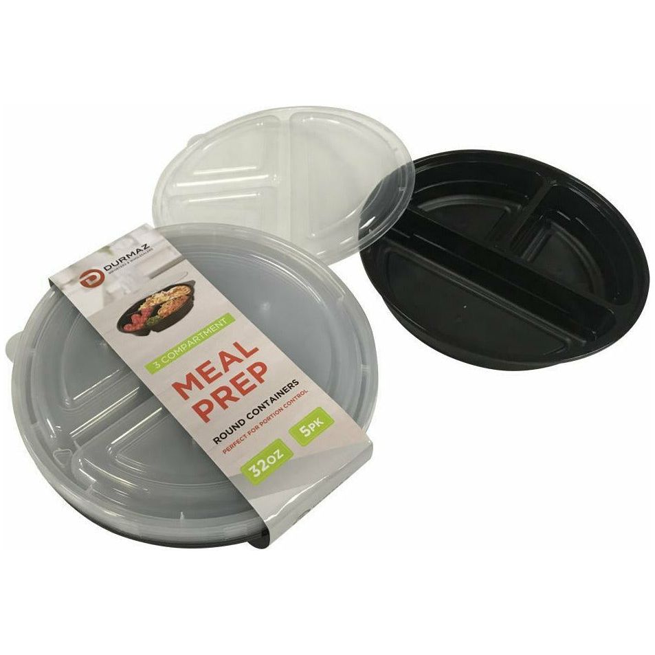 3 Compartment Meal Prep Round Containers - 5 Pack 23cm x 4.5cm - Dollars and Sense