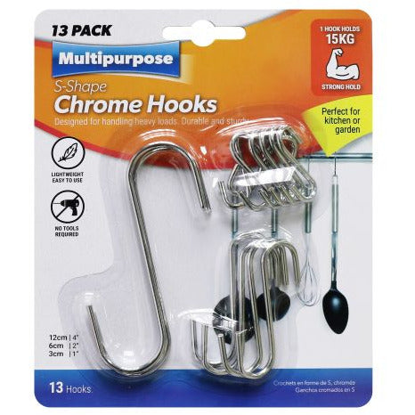 Chrome Hooks S Shape Asstd Sizes 13Pk - Dollars and Sense