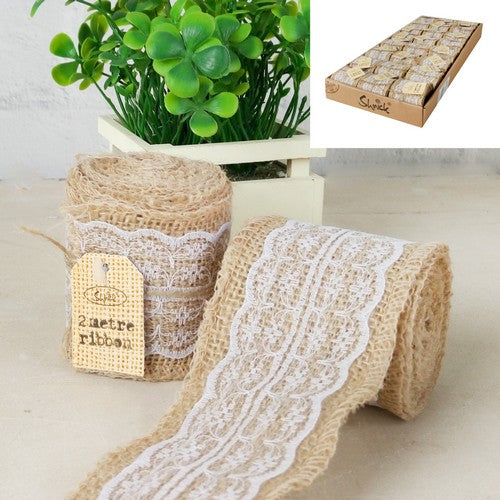 Hessian Ribbon with Lace White - 2m 1 Piece - Dollars and Sense