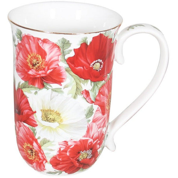 New Poppies on White Fine Bone China Gold Rim Mug Gift Box - Dollars and Sense