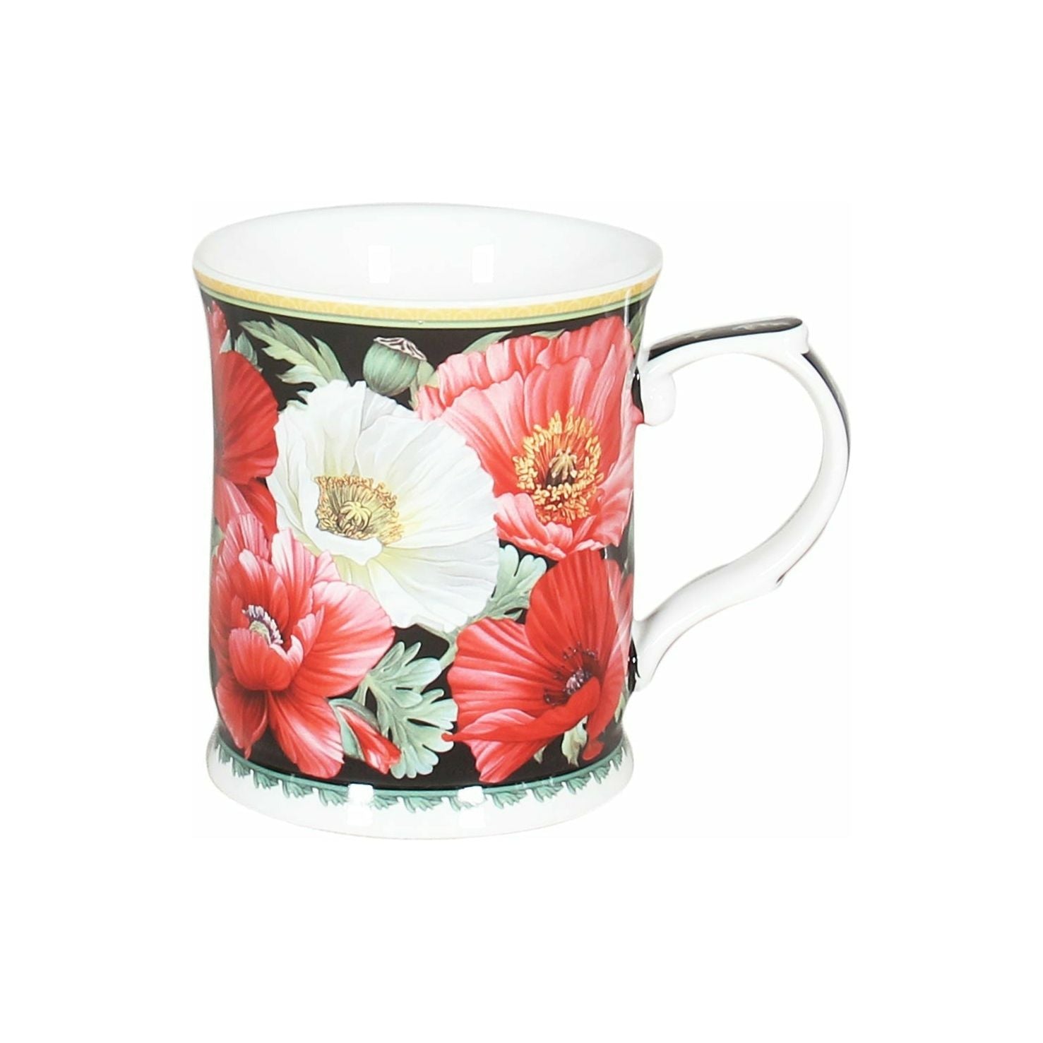 New Poppies on Black Fine Bone China Mug - 415ml Gift Box - Dollars and Sense