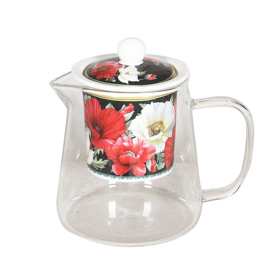 New Poppies on Black Gold Rim Fine Bone China Porcelain Strainer with Glass Pot Gift Box - Dollars and Sense