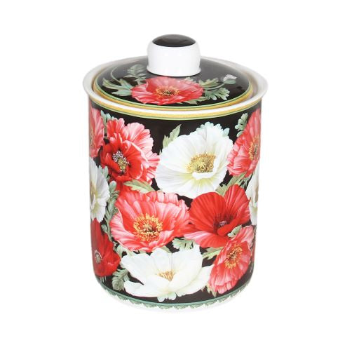 New Poppies on Black Fine Bone China Canester - 11x11x16cm Gift Box - Dollars and Sense