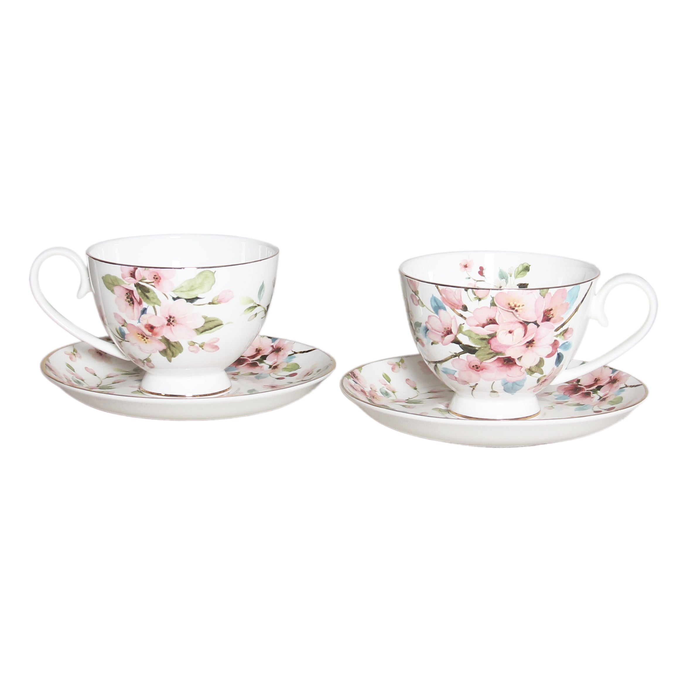 Peach Blossom on White Fine Bone China 2 Cup and Saucer Set - 250ml Gift Box - Dollars and Sense