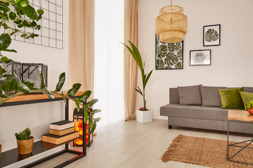 Living room decorated with rugs, curtains and artificial plants