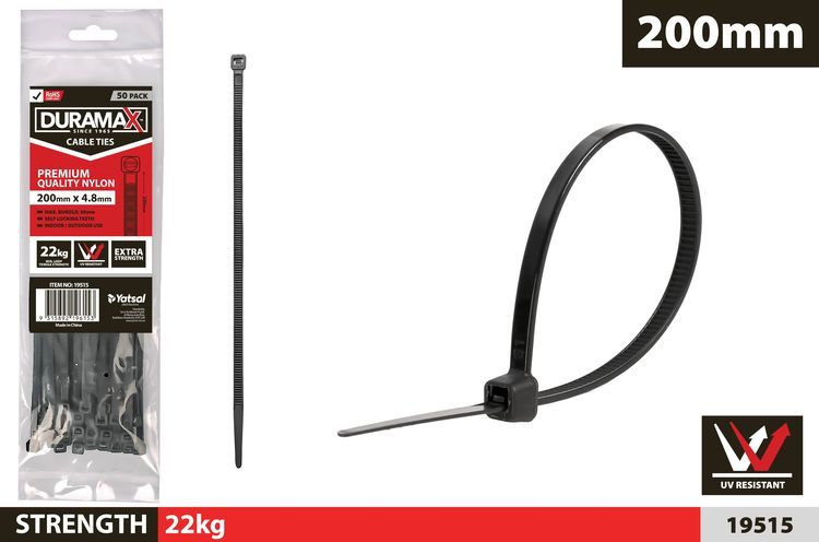50pce Cable Ties-4.8x200mm-Black