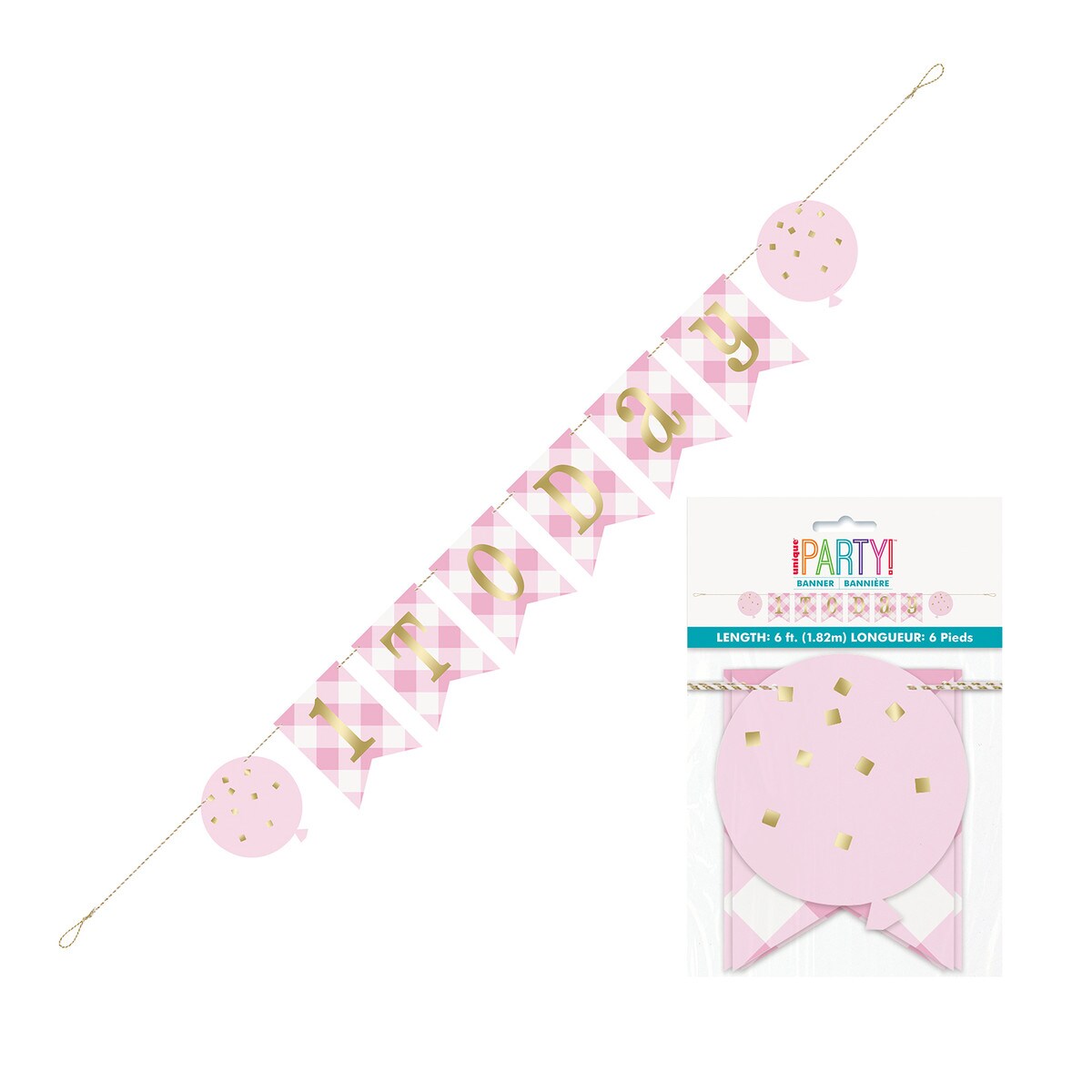Gingham 1st Birthday Pennant Banner - Pink