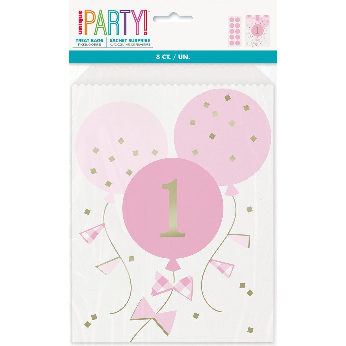 Gingham 1st Birthday Loot Party Bags - Pink