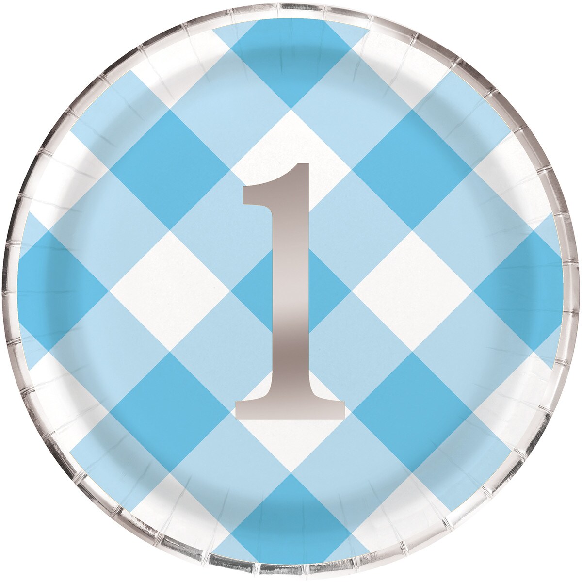 Gingham 1st Birthday Dinner Paper Plates - Blue