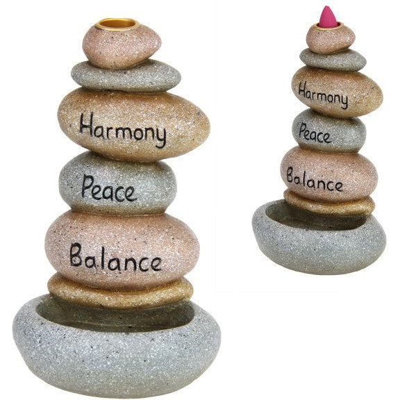 Cairn Stack Backflow Burner with Inspirational Wording Harmony, Peace, Balance - Dollars and Sense