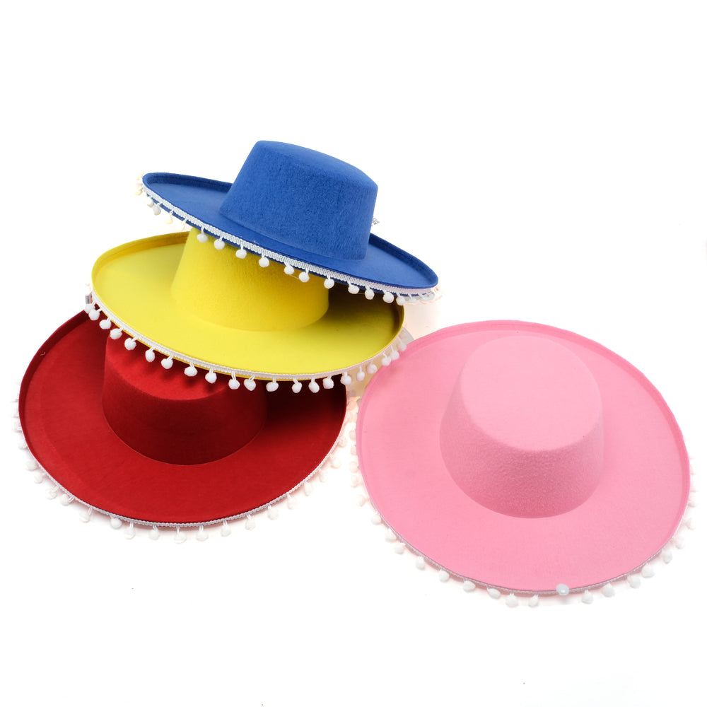 Craft Hat Wide Brim With Pom Poms Children's 39cm x 37cm x 10cm Yellow, Red, Pink & Blue