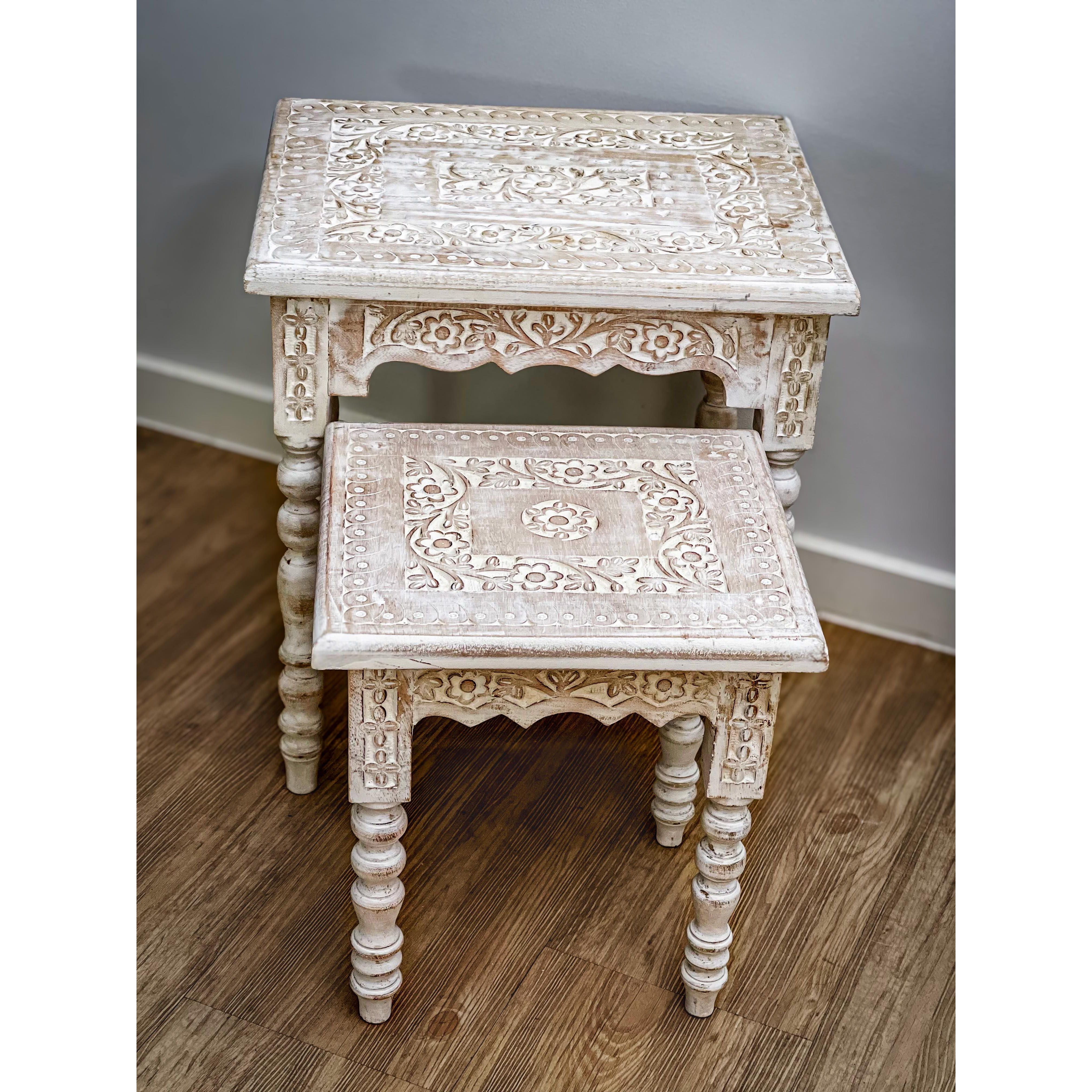 Mango Wood Carved Side Table 36x30x41cm Default Title
