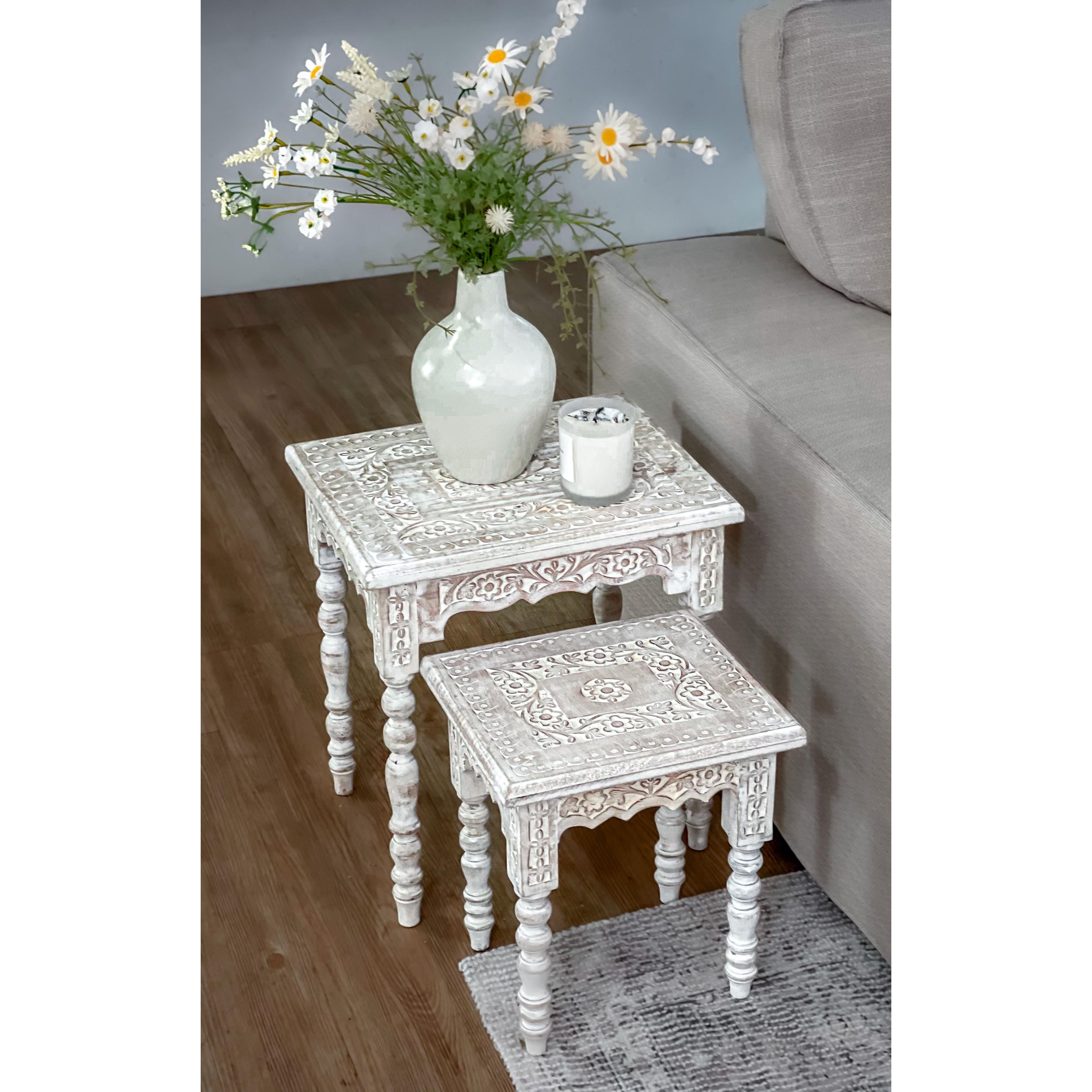 Mango Wood Carved Side Table 23x20x30cm Default Title