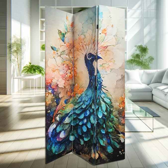 Canvas Screen Room Divider - Peacock or Flower - Dollars and Sense