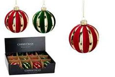 1PC GLASSBAUBLE 80MM W/VELVET STRIPE2ASS