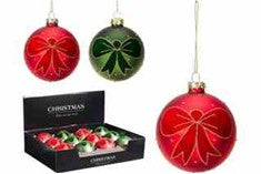 1PC GLASS BAUBLE 80MM W/VELVET BOW 2ASS