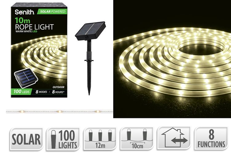 100 LED Solar Rope Light with 8 Functions - Warm White - 10m