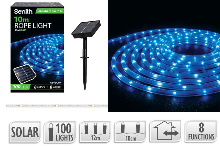 100 LED Solar Rope Light with 8 Functions - Blue - 10m