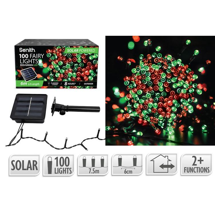 100 LED solar fairy lights, 7.5m string with 2 lighting functions in red & green