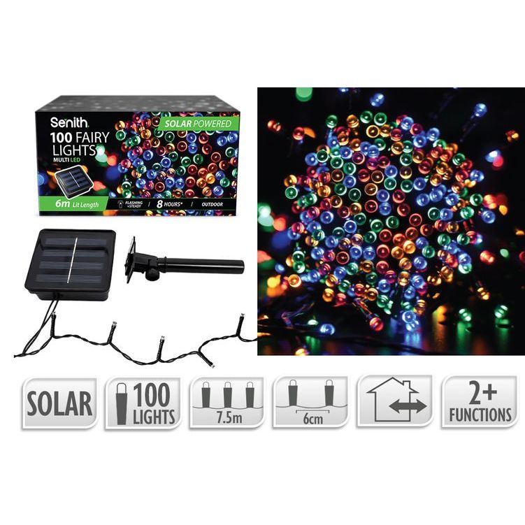 100 LED solar fairy lights, 7.5m string with 2 lighting functions in multi-colour