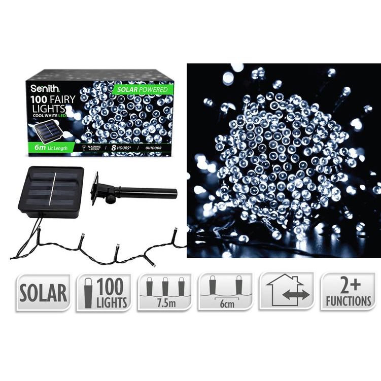 100 LED solar fairy lights, 7.5m string with 2 lighting functions in cool white