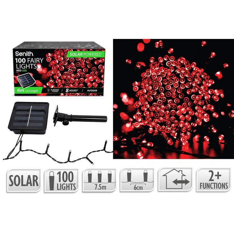 100 LED Solar Fairy Lights 7.5m 2 Function Red outdoor solar LED lights